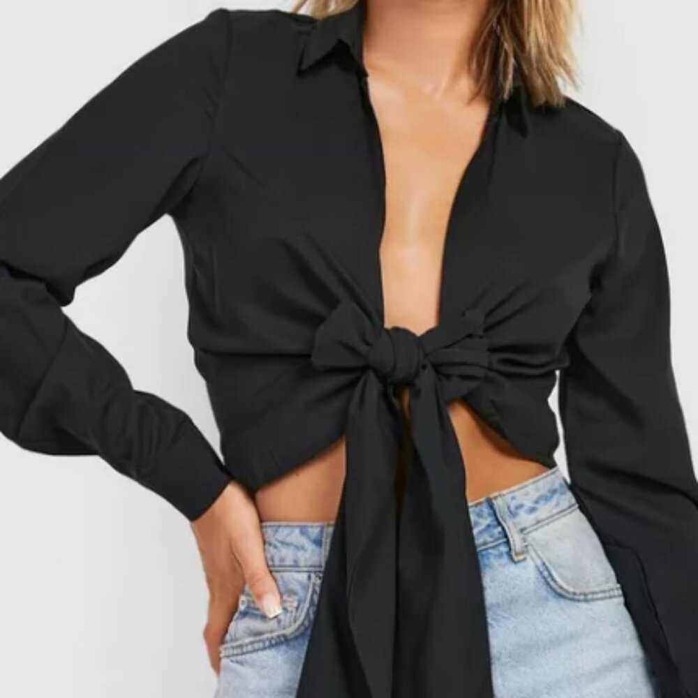 Boohoo BLACK TIE FRONT PLUNGE SHIRT Wrap top Small